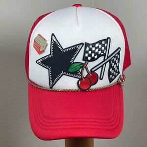 NEW Red & White Mesh Trucker Snap Back Hat Black Star Checkered Flags Cherries
